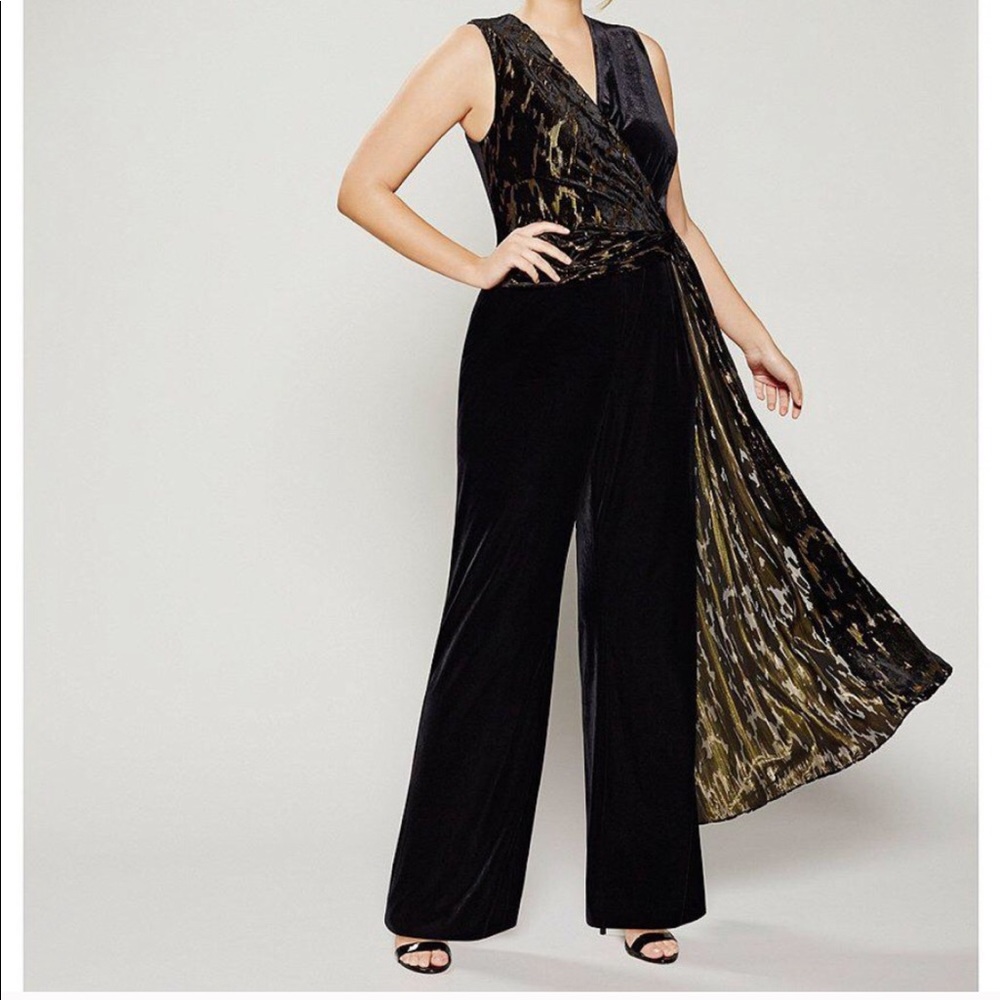 Tahari Black Velvet w/Black & Gold Sash Jumpsuit
